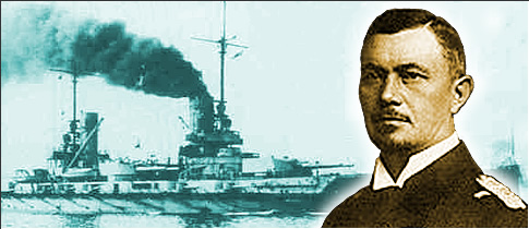 Photograph of Admiral Reinhard Scheer and his flagship, the battleship SMS Friederich der Grosse.