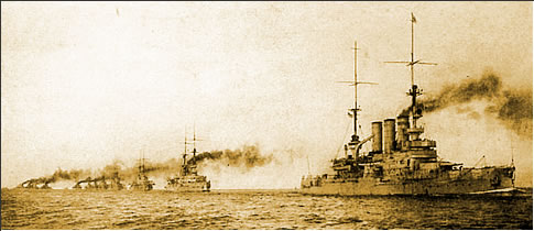 Warships of the German High Seas Fleet sail from their naval base at Wilhelmshaven.
