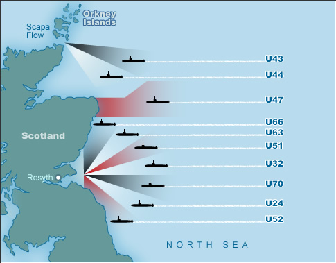Map showing the areas off the East coast of Britain patrolled by German U-boats who intended sinking British warships as they left their ports at Scapa Flow and Rosyth.